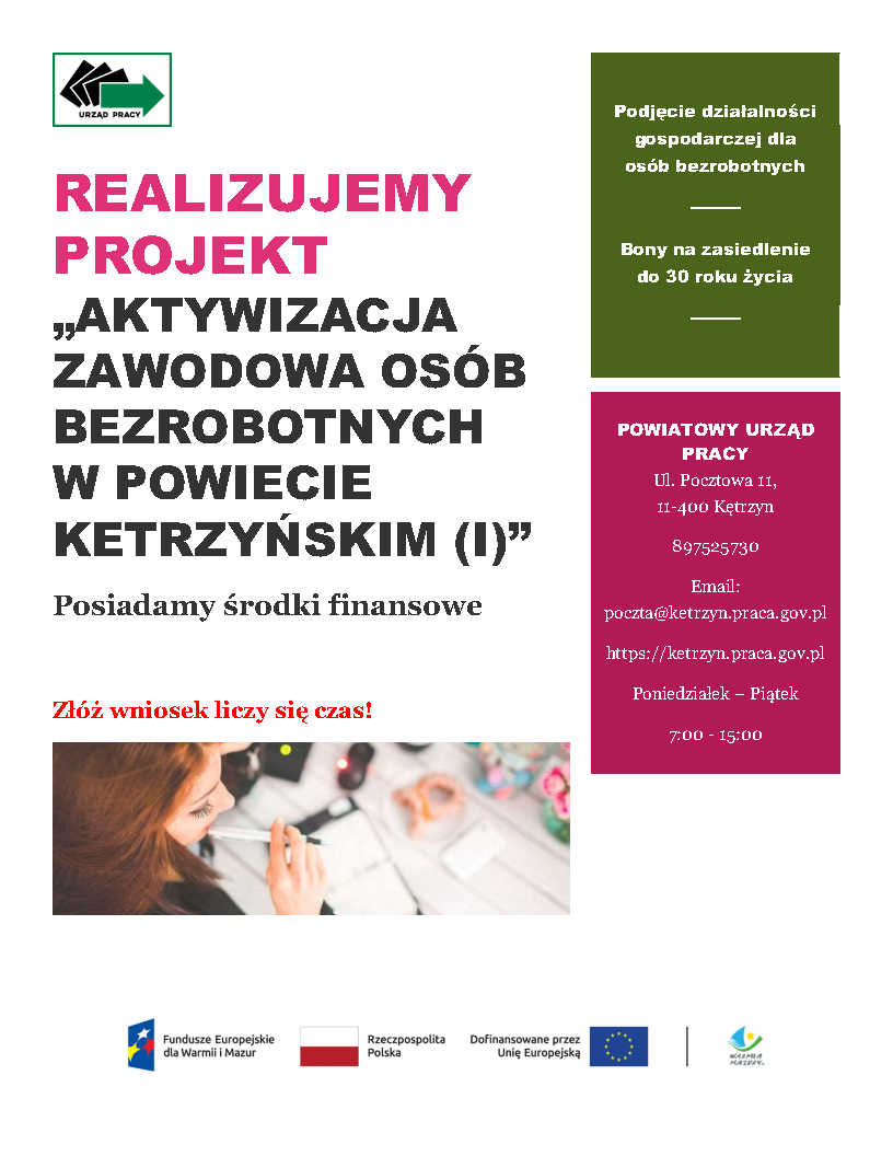 Realizujemy projekt -Aktywizacja zawodowa osob bezrobotnych w powiecie ketrzynskim (I)- plakat