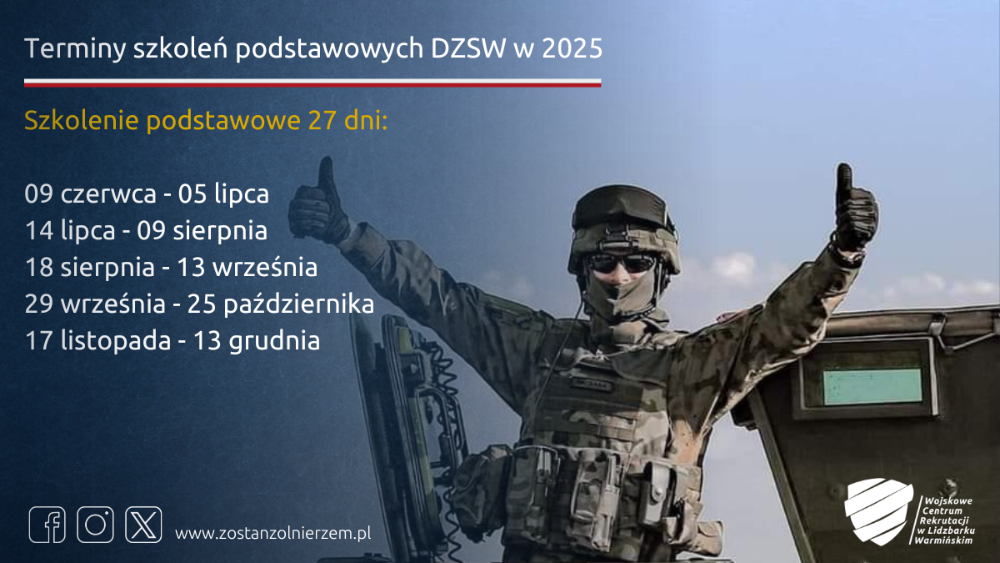 Terminy szkoleń podstawowych DZSW w 2025, 27 dni: 09.06-05.07, 14.07-09.08; 18.08-13.09, 29.09-25.10, 17.11-13.12
